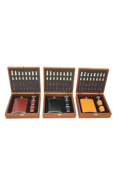 Home Leather Flask Set - Wooden Box and Chess