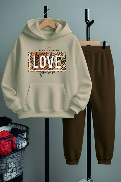 MYADA Special Design Love Forever Leopard Printed Top and Bottom Tracksuit Set 22446-1