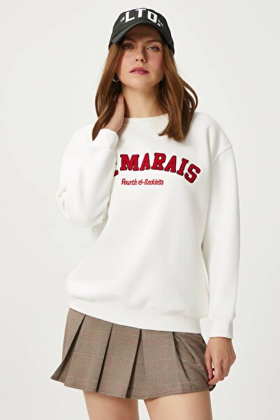 Ritnice Women's Marais Ecru Red Embroidered Oversize Sweatshirt