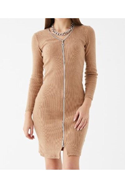 ZY BUTİK Milk Brown Zipper Detailed Knitwear Mini Dress
