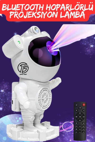 QÜMÜŞ Bluetooth Hoparlörlü Astronot Galaxy Projektör Yıldızlı Gece Lambası Ay Projektör  Ev ve Oyun Odası