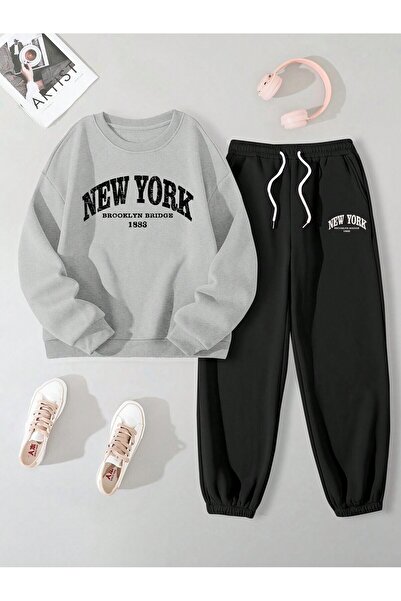 Mythologie New York 1883 Sweatshirt Sweatpants Jogger - Gray Black Printed Tracksuit Crew Neck