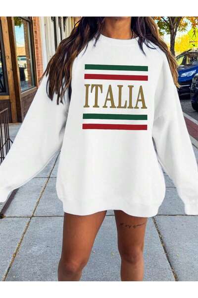 Mythologie Italia Design Sweatshirt - White Printed Oversize Raised Crew Neck