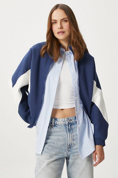 Ritnice Women's Gorce Zippered Stand Collar Navy Blue Oversize Sweatshirt