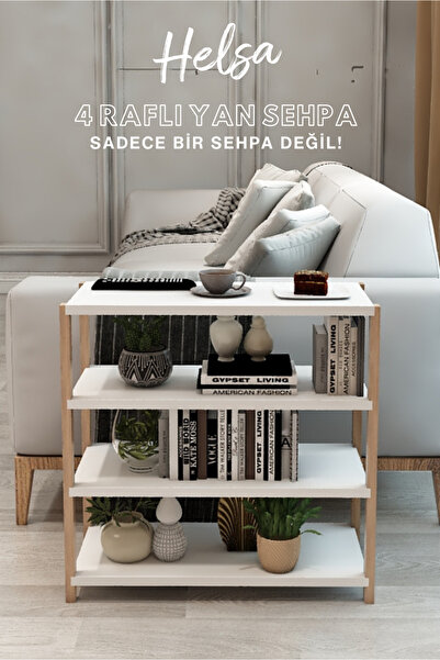 Jest Dekor Konsept Helsa Beyaz 4 Raflı Ahşap Yan Sehpa - Çok Amaçlı Dekoratif Raf, Organizer - Demonte ve Kolay Montaj