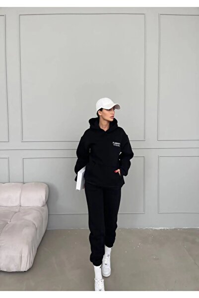 Mythologie Φούτερ Flasenty Φούτερ Jogger - Μαύρο με στάμπα στο κάτω μέρος Σετ φόρμας με κουκούλα