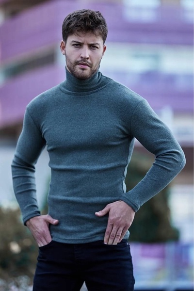 art of dress Khaki Slim Fit Turtleneck Thick Ribbed Sweater