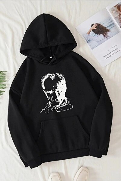SeusCraft Atatürk İmzalı Sweatshirt - Siyah Baskılı Oversize Şardonlu Kapüşonlu