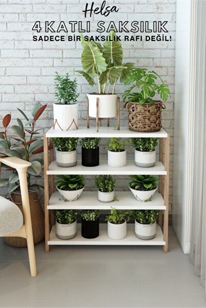 Jest Dekor Konsept Helsa Beyaz Ahşap 4 Katlı Çiçeklik, Saksılık, Çiçek Standı...