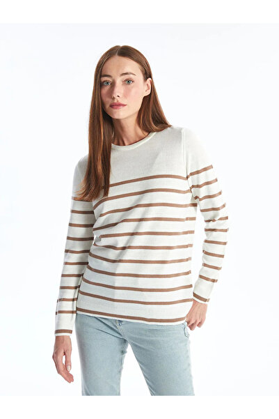 LC Waikiki Lcwaikiki Basic Ecru Striped Crew Neck Striped Long Sleeve Women's Knitwear Sweater
