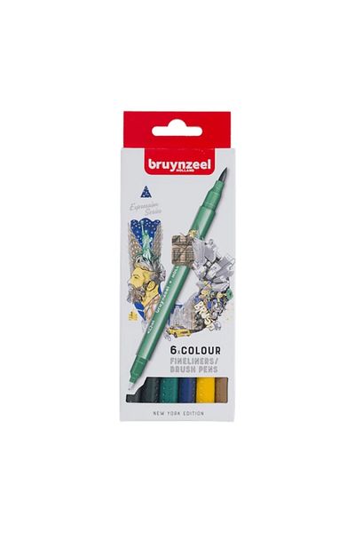 Bruynzeel Fineliner & Brushpen Double Tip Pen Set of 6 - New Yor