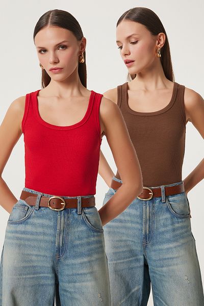 Lovelyİstanbul 2-Piece Ribbed Thick Strap Knitted Tank Top Brown Red Lhj0002