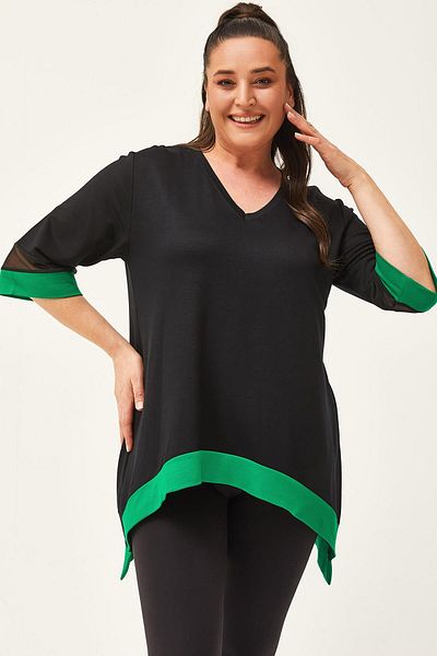 Ebsumu Women's Plus Size Tulle Detail Black-Green Blouse with Sleeves and Skirts