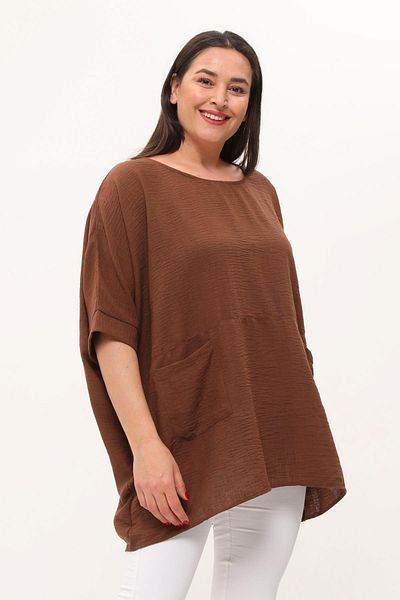 Ebsumu Καφέ λινό μπλούζα - Extra Comfortable Plus Size Fit