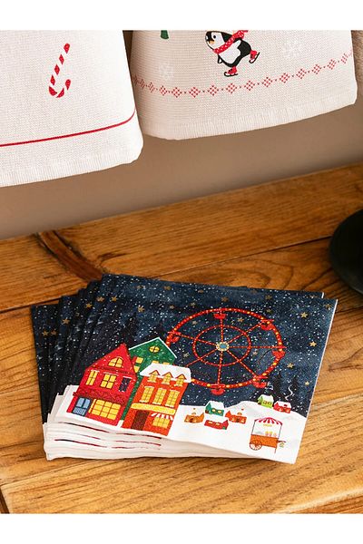merni Christmas Themed Houses Colorful Printed Paper Napkins 10 Pieces