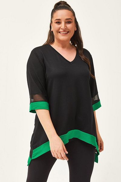 Ebsumu Women's Plus Size Tulle Detail Black-Green Blouse with Sleeves and Skirts