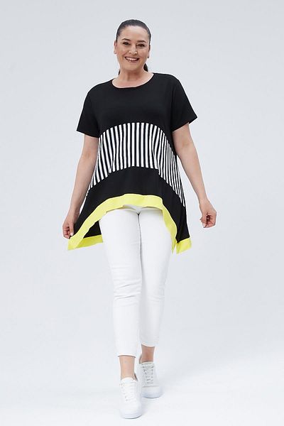 Ebsumu Plus Size Black Yellow Women's Blouse with Asymmetric Cut