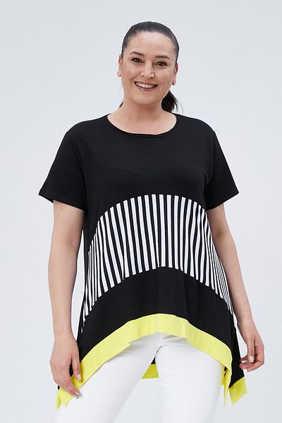 Ebsumu Plus Size Black Yellow Women's Blouse with Asymmetric Cut