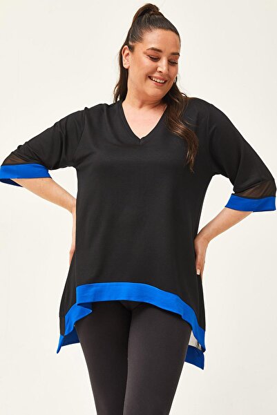 Ebsumu Γυναικεία μπλούζα με μανίκια και στρίφωμα από τούλι σε μπλε-μαύρο χρώμα