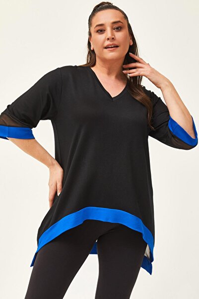 Ebsumu Γυναικεία μπλούζα με μανίκια και στρίφωμα από τούλι σε μπλε-μαύρο χρώμα