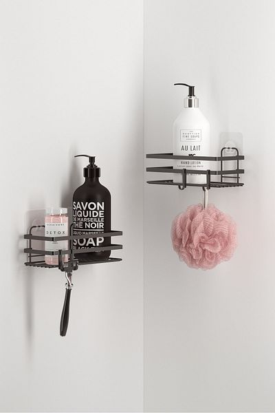 Teknotel Raft pentru baie 2 piese - negru mat, suport pentru șampon Organizator pentru baie St281h