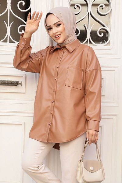 Neva Style Cămașă Hijab din piele maronie cu nasturi 50931TB