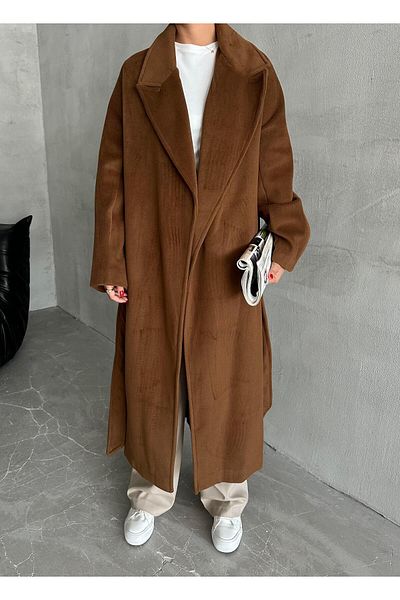 Laluvia Kaffee Simple Pocket Belted Long Coat- 542126