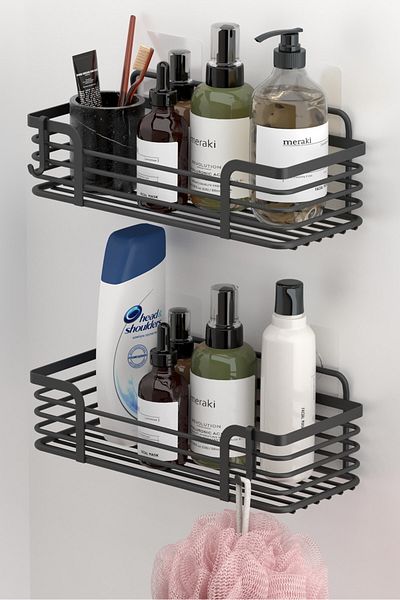 Tekno-tel Teknotel Organizator de baie Suport pentru șampon Raft de duș pentru baie 2 buc. Raft pentru baie Negru mat St284h