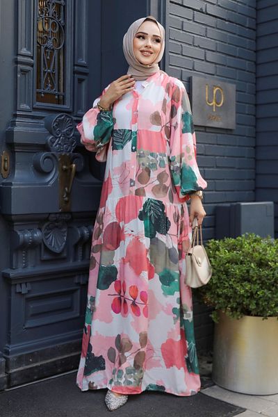 Neva Style Floral Patterned Pink Hijab Dress 18236P