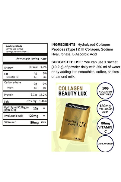 NUTRIPHARMA COLLAGEN BEAUTY LUX,10.000mg Biyoaktif Kolajen Peptidler,120mg Hyaluronik Asit,80mg VitaminC,30 saşe