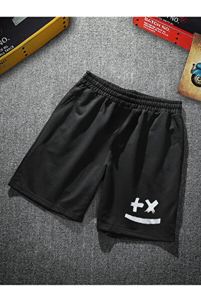 TREND ALİSSE Erkek Siyah Şort -Cepli Black Baskılı Spor Antrenman Şortu
