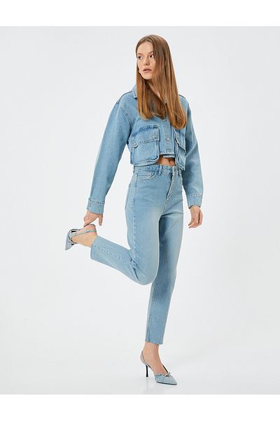 Koton Jeanshose mit hoher Taille, gerades Bein, schmale Passform, Baumwolle – Slim-Fit-Jeans