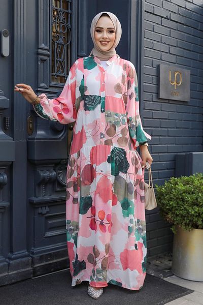 Neva Style Floral Patterned Pink Hijab Dress 18236P
