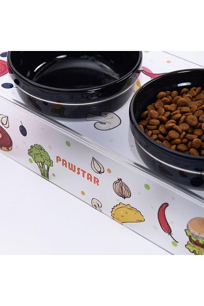 Pawstar Ceramic-Plexi Food and Water Bowl - Pizza & Vege-Double, Cat Dog Food Water Bowl