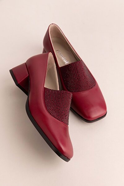 Gondol Hakiki Deri Kısa Topuklu Taş Detaylı Topuklu Ayakkabı Vdt.142