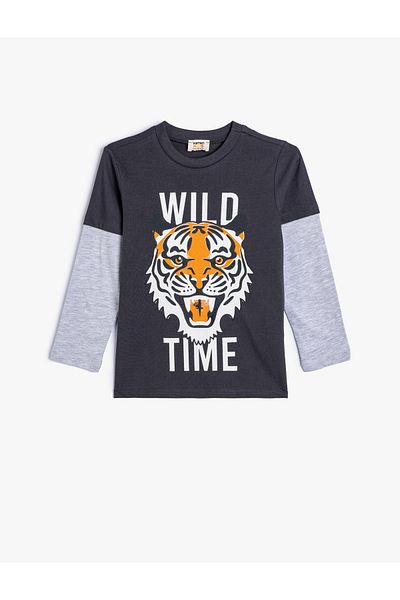 Koton Crew Neck Cotton T-Shirt - Long Sleeve and Tiger Print