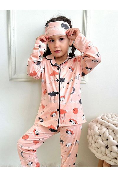 PİJAKİDS Cloud Printed Eye Tape Front Buttoned 2 String Girl's Pajamas Set