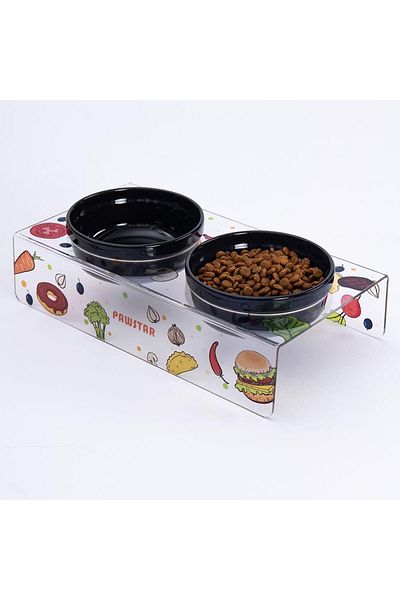 Pawstar Ceramic-Plexi Food and Water Bowl - Pizza & Vege-Double, Cat Dog Food Water Bowl