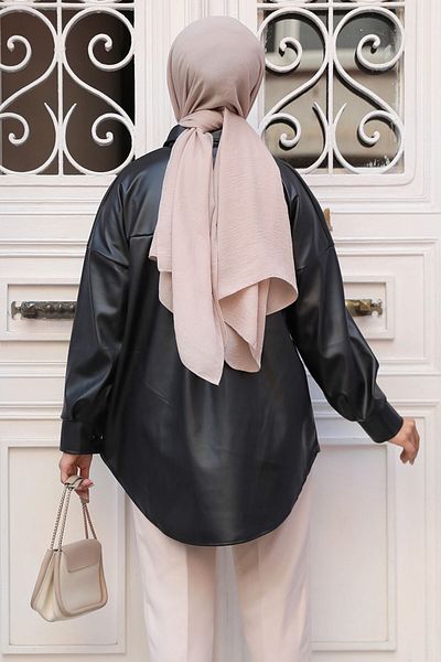 Neva Style Μαύρο δερμάτινο πουκάμισο με κουμπιά 50931S