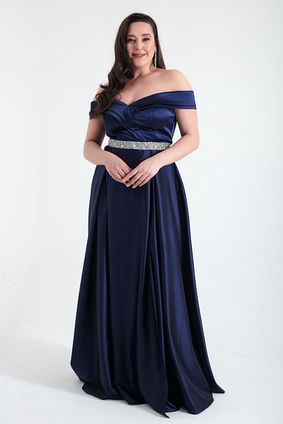Lafaba Women's Navy Blue Boat Neck Jewelled Belt Large Size Evening Dress