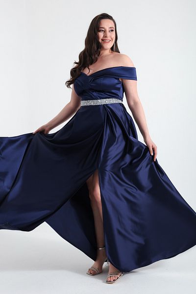 Lafaba Women's Navy Blue Boat Neck Jewelled Belt Large Size Evening Dress
