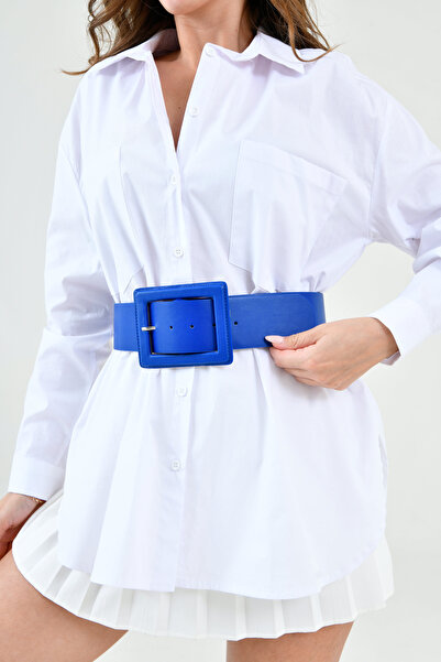 WOMAN VISION Curea neagră din piele artificială albastră cu bandă largă și design cu cataramă 15525