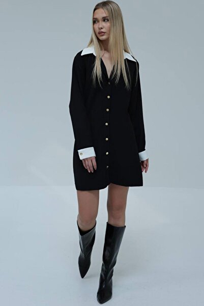 TENA Women's Black Shirt Collar Buttoned Front Mini Length Dress