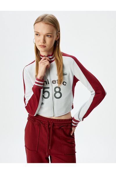 Koton Crop Slim Fit Stand Collar College Printed Zippered Sweatshirt