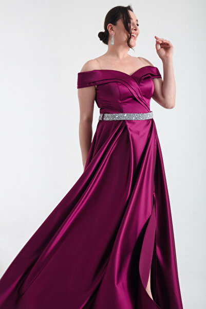 Lafaba Dámské večerní šaty velké velikosti s páskem se švestkou lodičkovým krkem