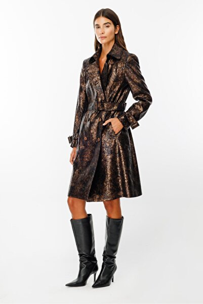 Moda İlgi Modailgi  Kruvaze Kapamalı Varaklı Deri Trenç Gold/Siyah