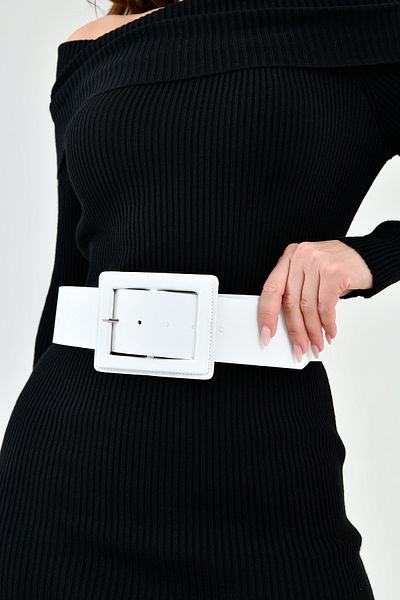 WOMAN VISION Curea neagră din piele artificială albă cu bandă largă și design cu cataramă 15525
