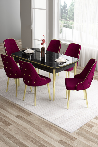 Canisa Tia Serisi 80x132 Açılabilir Mdf Siyah Mermer Desen Mutfak Masası Ve 6...