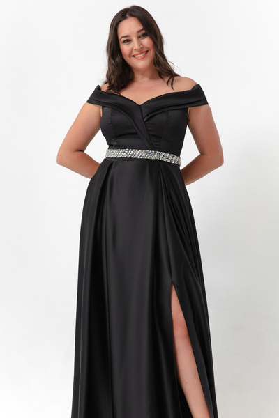 Lafaba Dámské večerní šaty velké velikosti s černým člunem a výstřihem s kamenným páskem