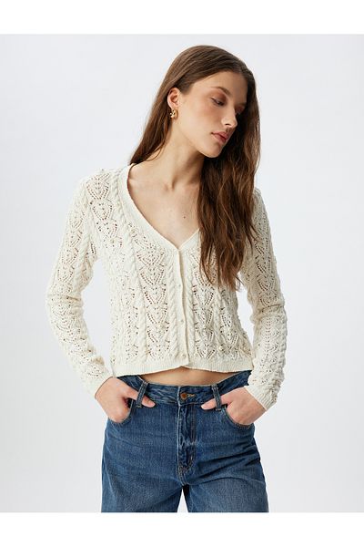 Koton Durchbrochene Strickjacke mit V-Ausschnitt, Perlenstickerei, lange Ärmel